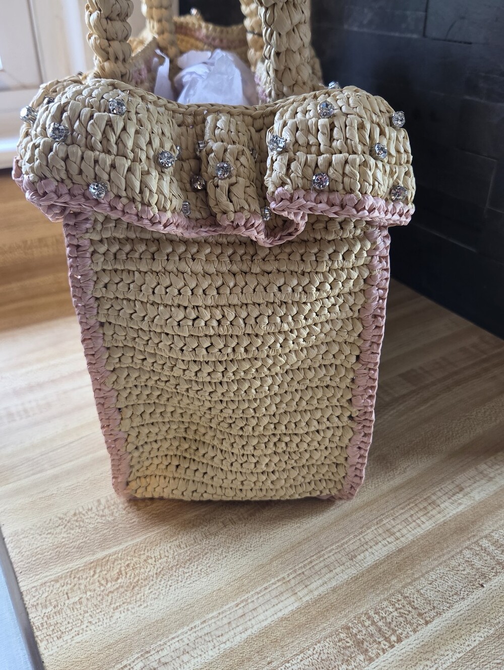 Kurt Geiger Straw Crochet Tote with Pink Trim and Gold Hardware - Picture 5 of 8